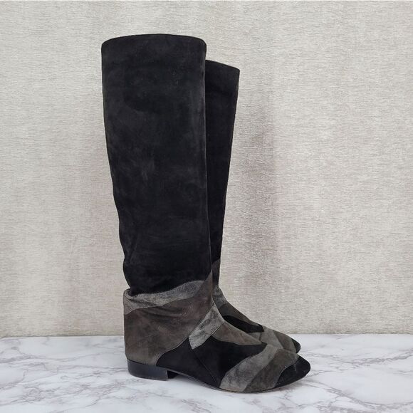 Mario Valentino Vintage 80s 90s Black Gray Tall Pull On Suede Knee High Boots - Picture 1 of 13